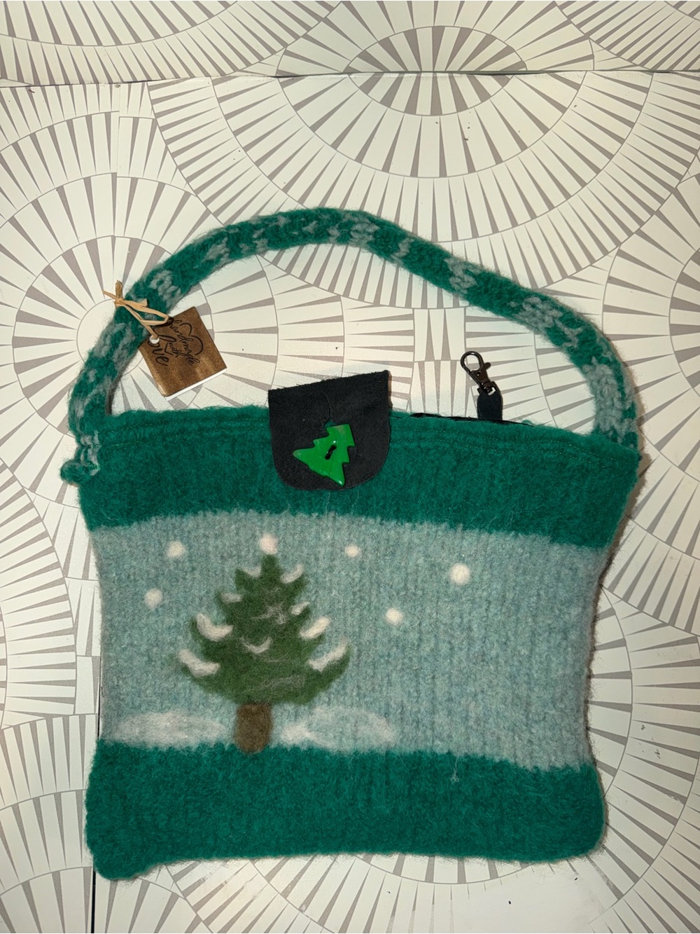 Handmade Green Wool Felt Shoulder Bag with Tree Motif NWT